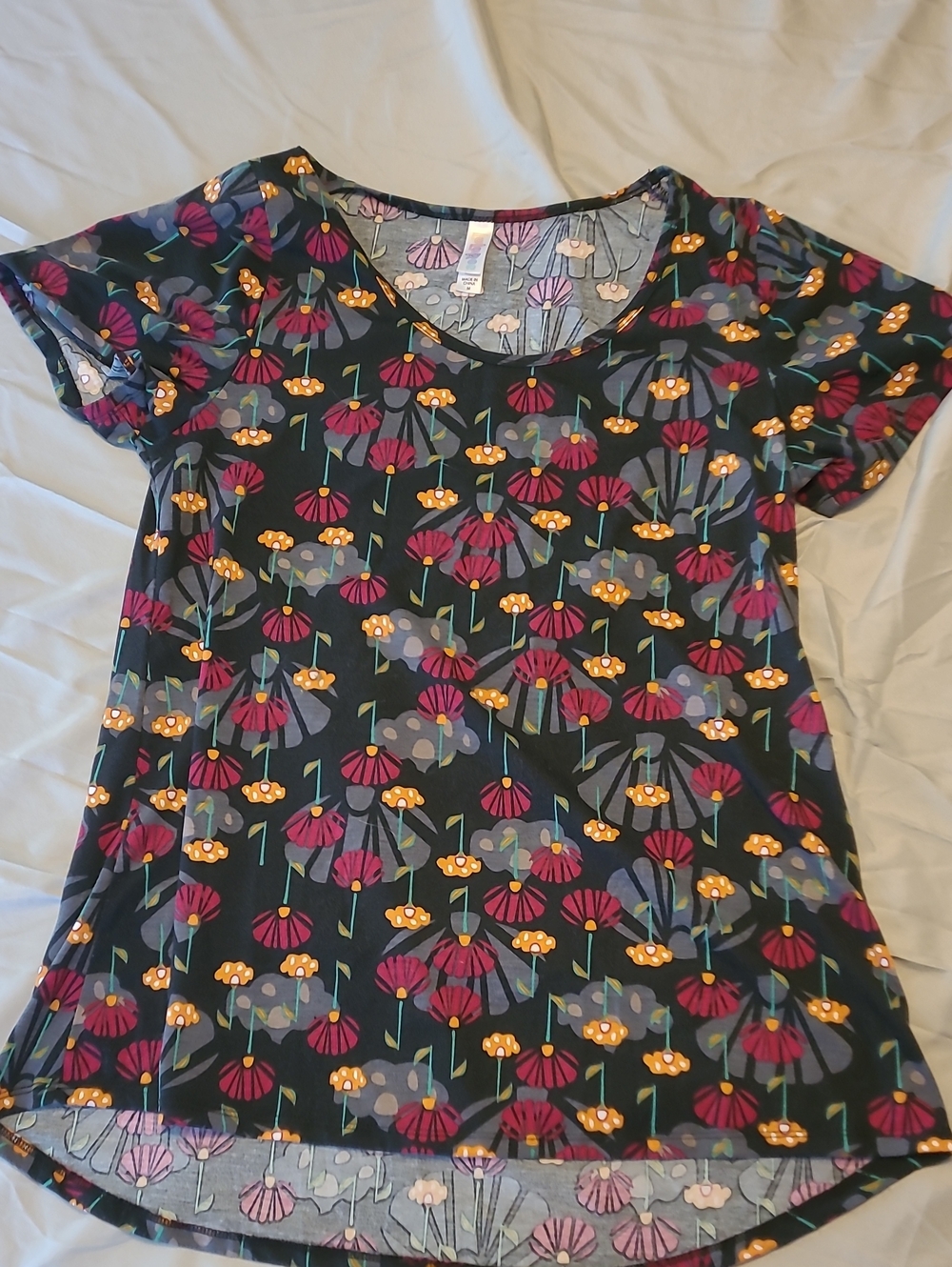 LuLaRoe Gray Floral Top with Pink and Yellow Flowers